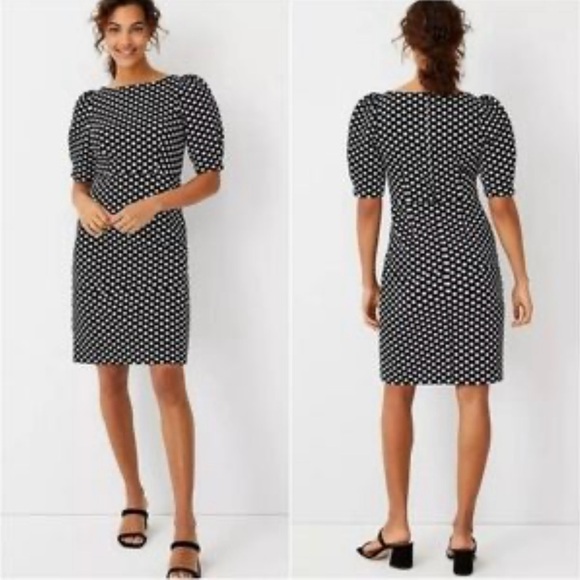 Ann Taylor Polka‎ Dot Pleated Puff Sleeve Sheath Dress Black & White Size 18